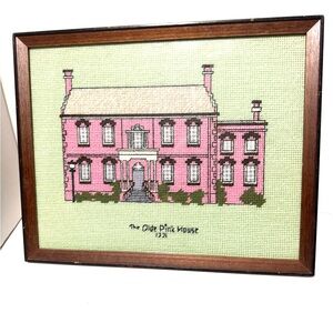 Vintage Framed Pink House Needlepoint Art